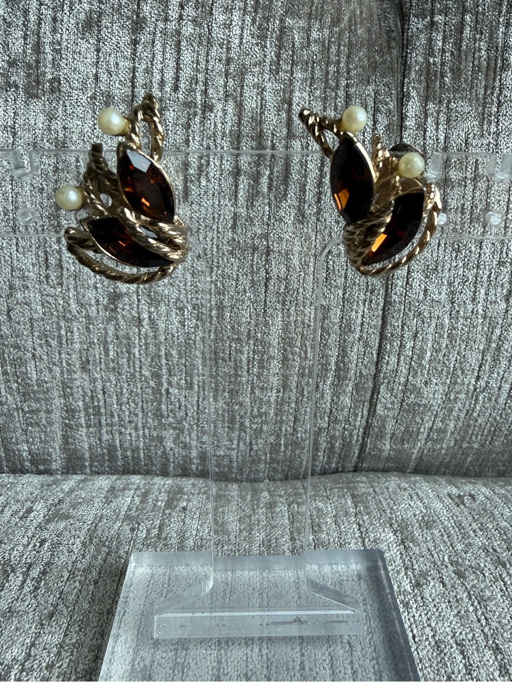 Bergère Clip-On Earrings, Gold Tone Twisted Ribbon Amber Marquise Rhinestone
